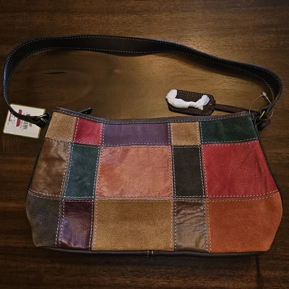 For @cookie95834 - Fossil Brown and Red Patchwork Leather Shoulder Hobo Bag NWT - Picture 1 of 12